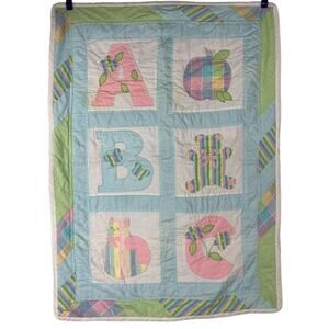 Vintage homemade ABC baby quilt nursery Apple Bear Cat Pink Blue Green